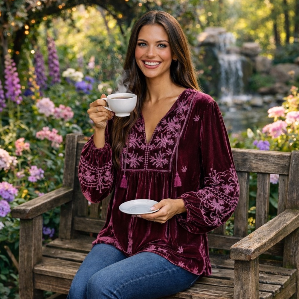JOHNNY WAS heavily embroidered PALMIRA CURVED
HEM PRAIRIE BLOUSE NWT